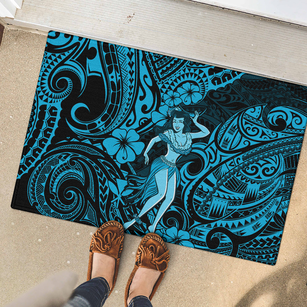 Hawaii Hula Girl Rubber Doormat Hibiscus Hawaii Tribal Tattoo Sky Blue Version LT01 - Polynesian Pride