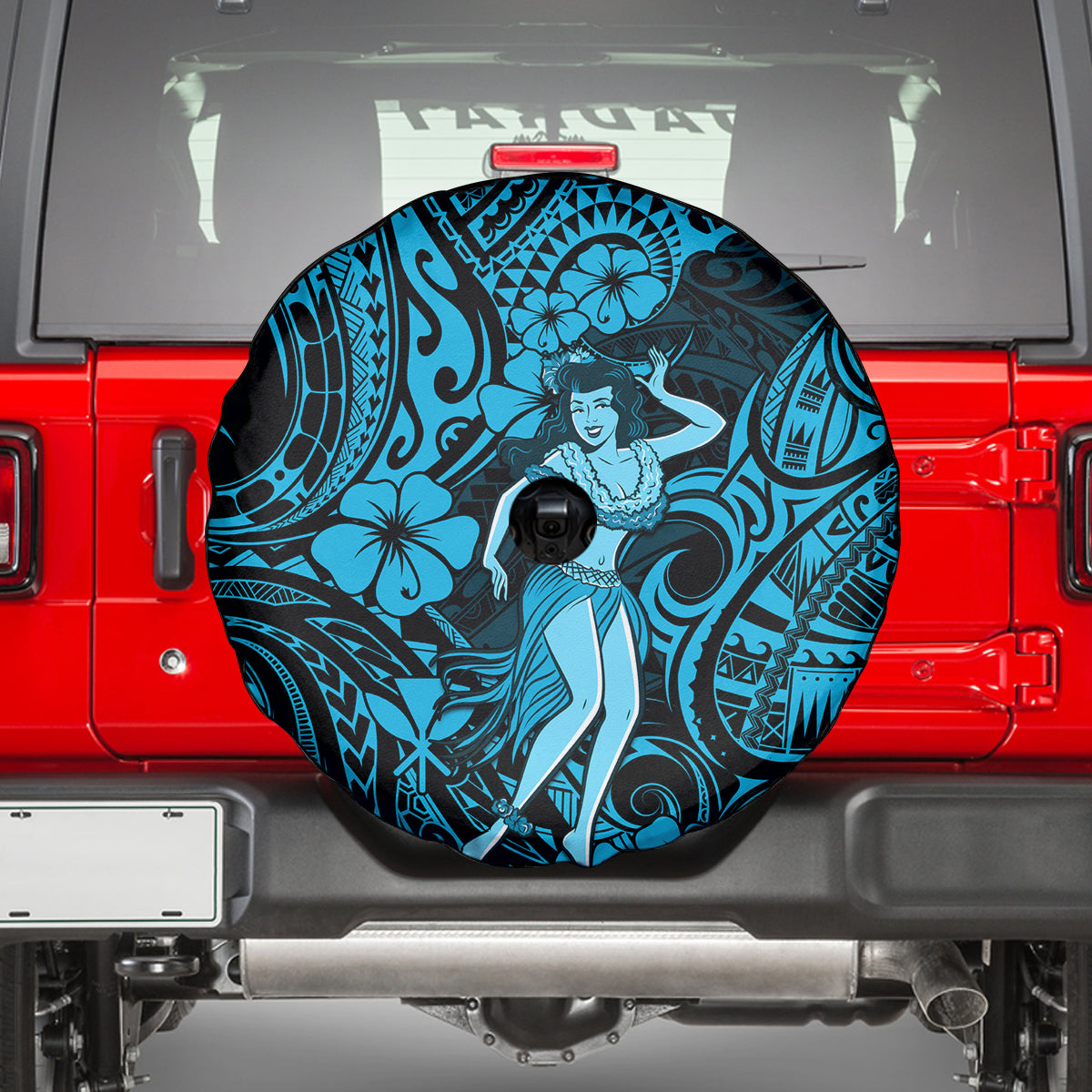 Hawaii Hula Girl Spare Tire Cover Hibiscus Hawaii Tribal Tattoo Sky Blue Version LT01 - Polynesian Pride