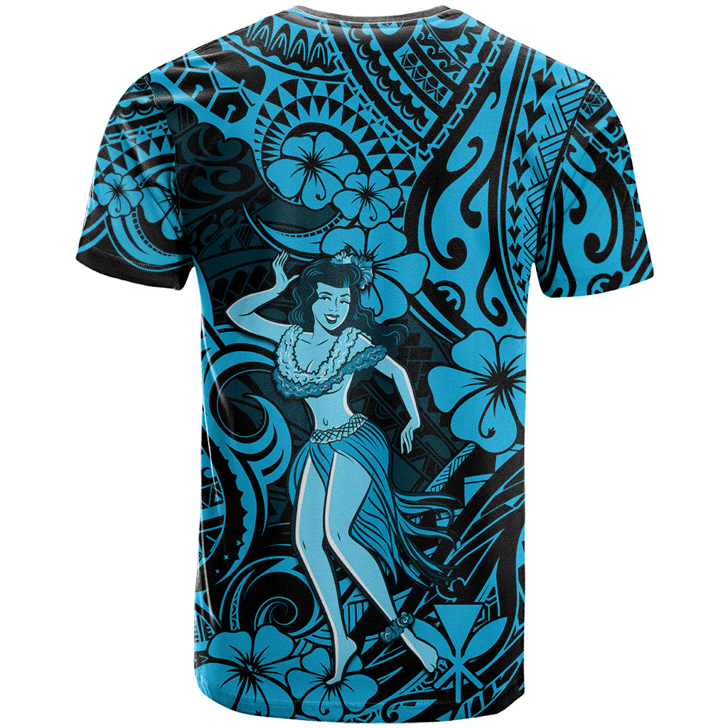 Hawaii Hula Girl T Shirt Hibiscus Hawaii Tribal Tattoo Sky Blue Version LT01 - Polynesian Pride