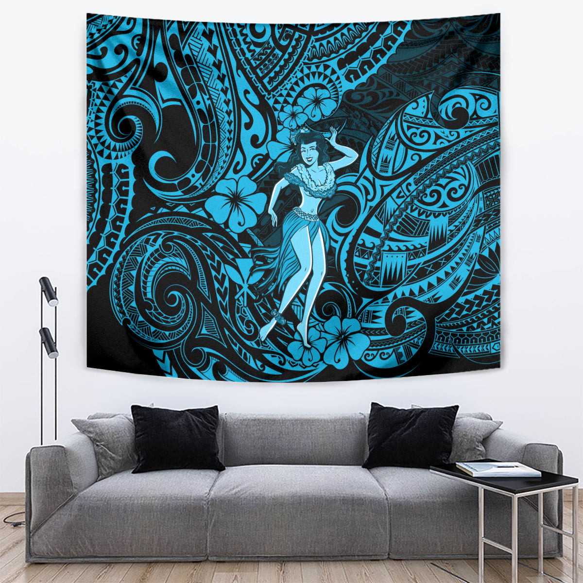 Hawaii Hula Girl Tapestry Hibiscus Hawaii Tribal Tattoo Sky Blue Version LT01 - Polynesian Pride