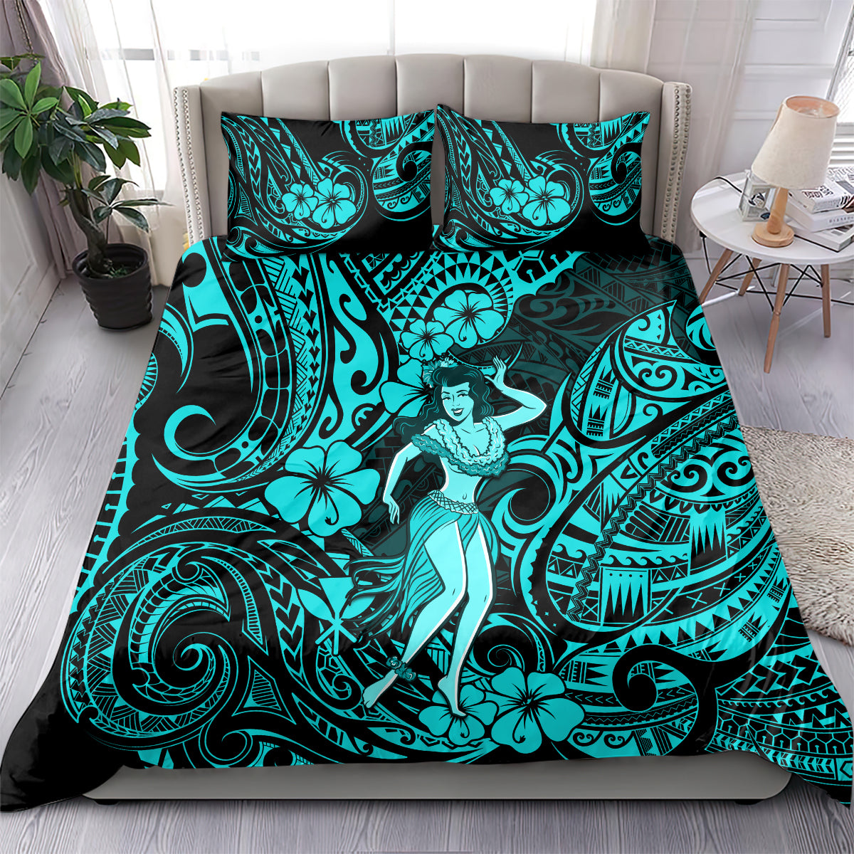 Hawaii Hula Girl Bedding Set Hibiscus Hawaii Tribal Tattoo Turquoise Version LT01 - Polynesian Pride