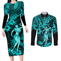 Hawaii Hula Girl Couples Matching Long Sleeve Bodycon Dress and Long Sleeve Button Shirts Hibiscus Hawaii Tribal Tattoo Turquoise Version LT01 Turquoise - Polynesian Pride