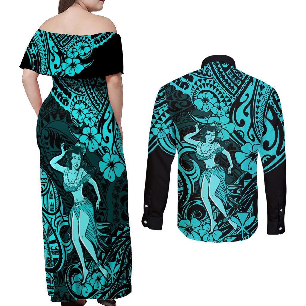 Hawaii Hula Girl Couples Matching Off Shoulder Maxi Dress and Long Sleeve Button Shirts Hibiscus Hawaii Tribal Tattoo Turquoise Version LT01 - Polynesian Pride