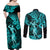 Hawaii Hula Girl Couples Matching Off Shoulder Maxi Dress and Long Sleeve Button Shirts Hibiscus Hawaii Tribal Tattoo Turquoise Version LT01 - Polynesian Pride
