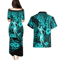 Hawaii Hula Girl Couples Matching Puletasi Dress and Hawaiian Shirt Hibiscus Hawaii Tribal Tattoo Turquoise Version LT01 - Polynesian Pride