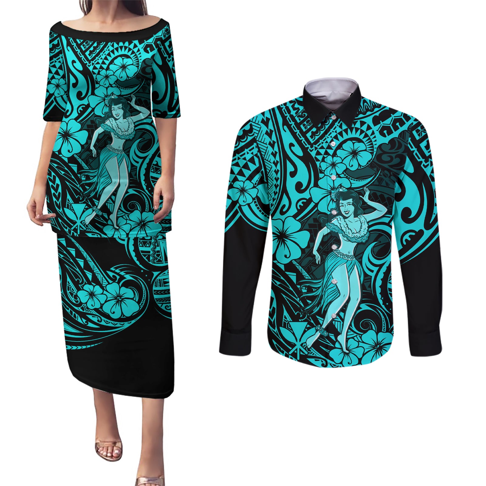 Hawaii Hula Girl Couples Matching Puletasi Dress and Long Sleeve Button Shirts Hibiscus Hawaii Tribal Tattoo Turquoise Version LT01 Turquoise - Polynesian Pride