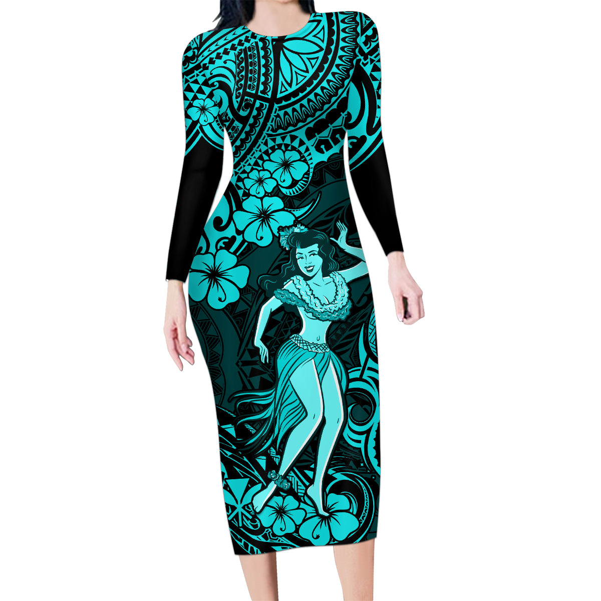 Hawaii Hula Girl Family Matching Long Sleeve Bodycon Dress and Hawaiian Shirt Hibiscus Hawaii Tribal Tattoo Turquoise Version LT01 Mom's Dress Turquoise - Polynesian Pride