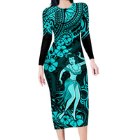 Hawaii Hula Girl Family Matching Long Sleeve Bodycon Dress and Hawaiian Shirt Hibiscus Hawaii Tribal Tattoo Turquoise Version LT01 Mom's Dress Turquoise - Polynesian Pride