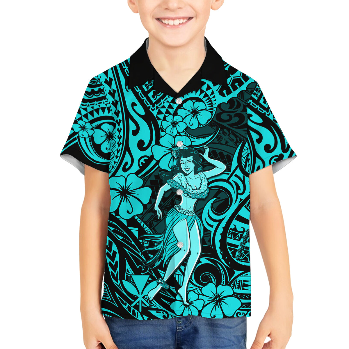 Hawaii Hula Girl Family Matching Off Shoulder Long Sleeve Dress and Hawaiian Shirt Hibiscus Hawaii Tribal Tattoo Turquoise Version LT01 Son's Shirt Turquoise - Polynesian Pride