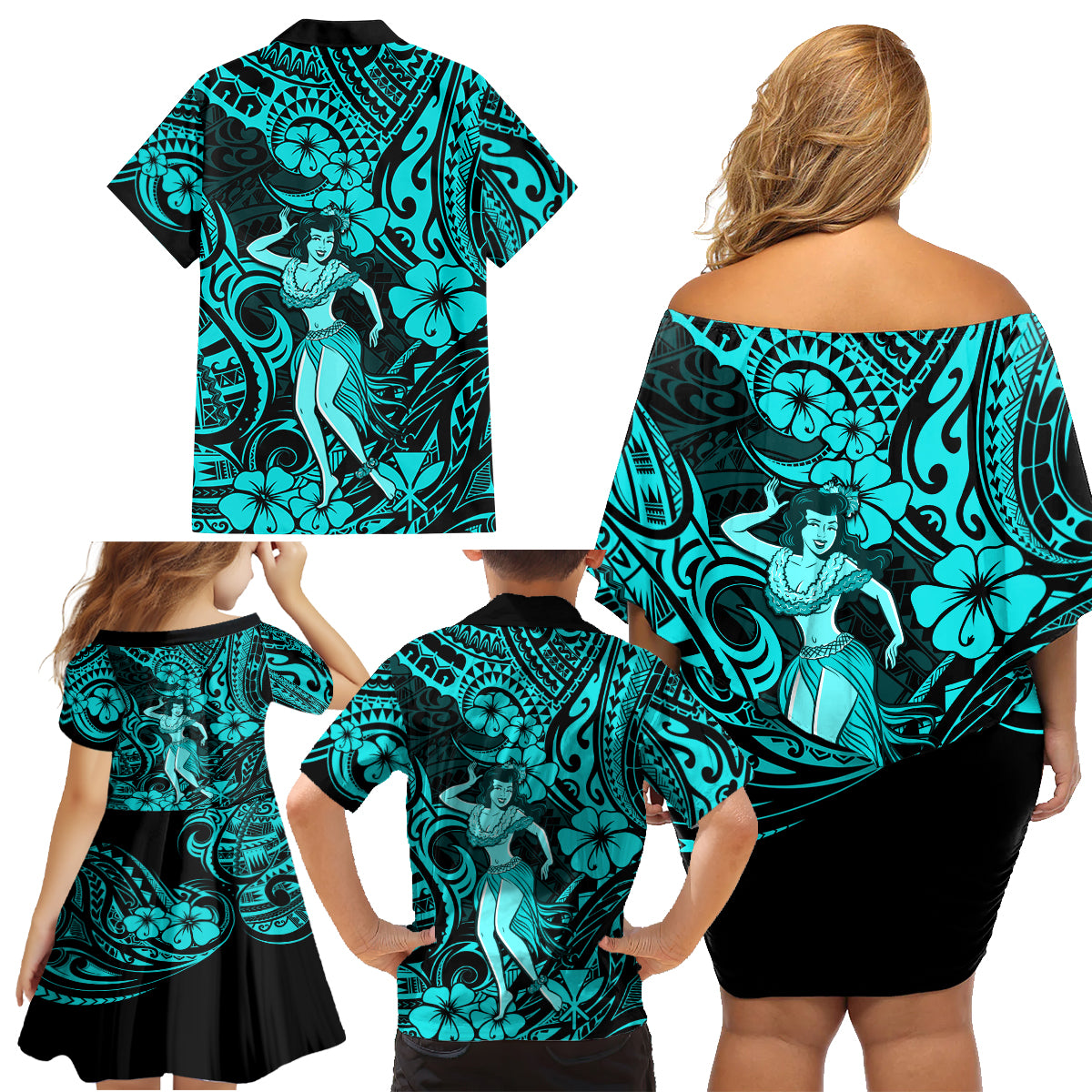 Hawaii Hula Girl Family Matching Off Shoulder Short Dress and Hawaiian Shirt Hibiscus Hawaii Tribal Tattoo Turquoise Version LT01 - Polynesian Pride