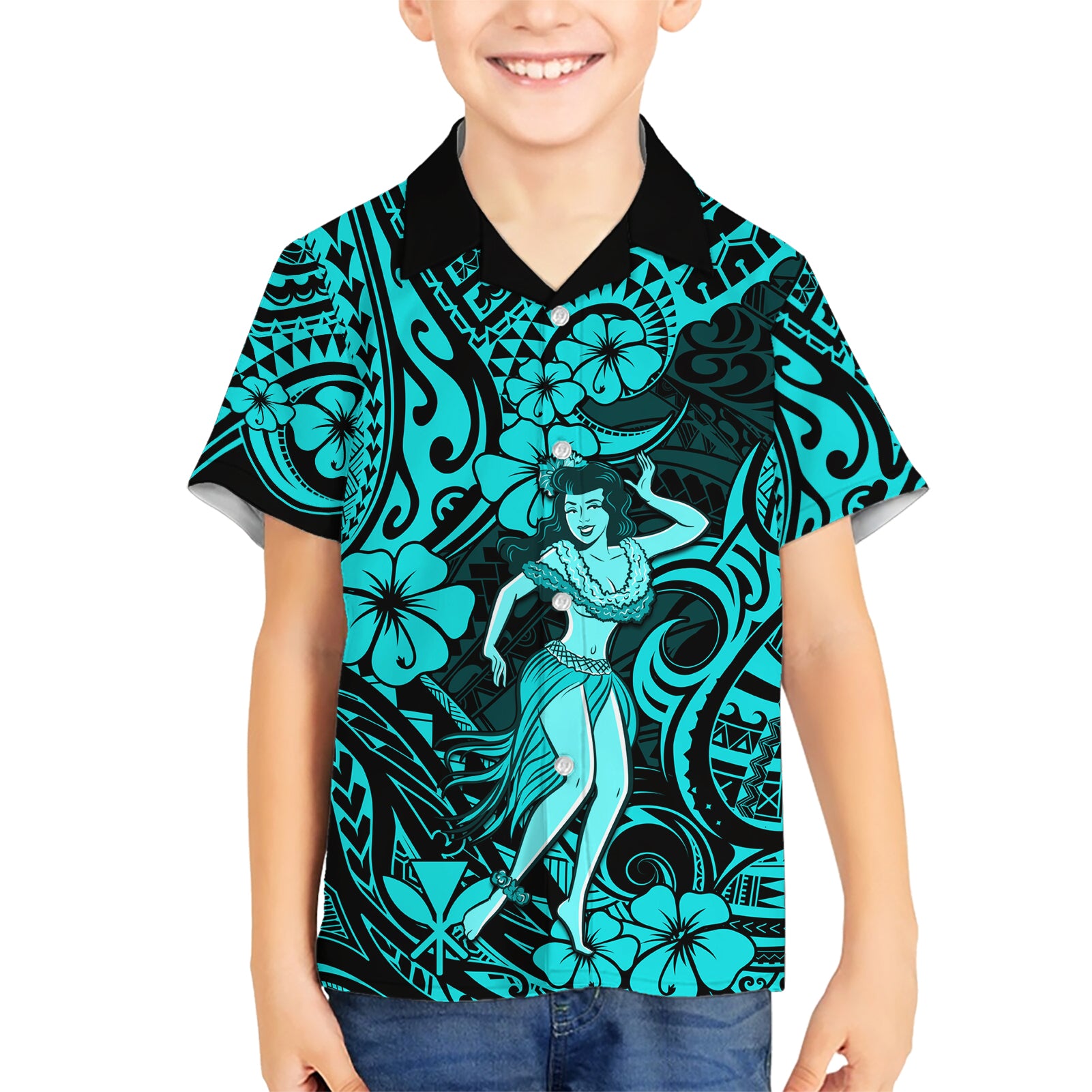 Hawaii Hula Girl Kid Hawaiian Shirt Hibiscus Hawaii Tribal Tattoo Turquoise Version LT01 Kid Turquoise - Polynesian Pride