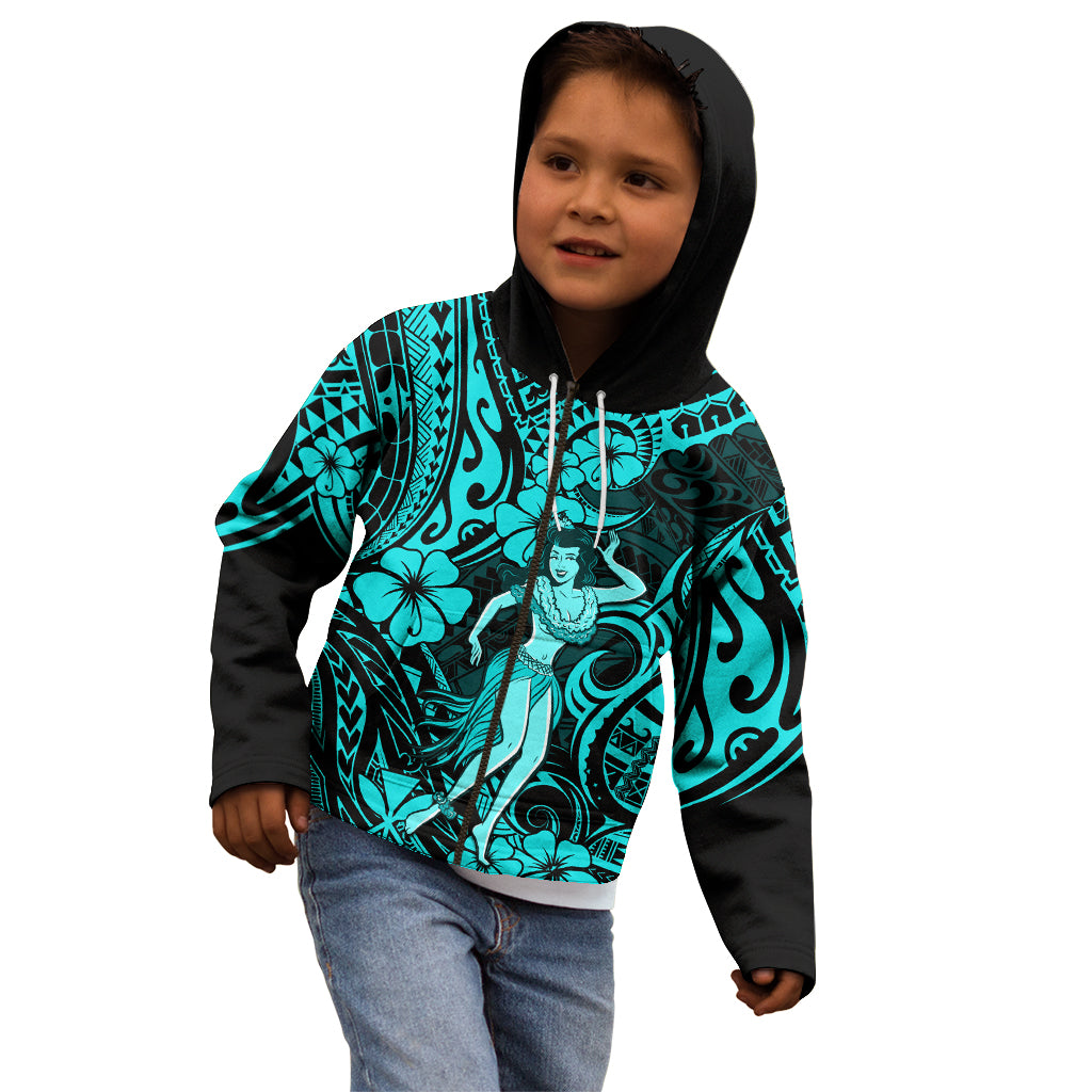 Hawaii Hula Girl Kid Hoodie Hibiscus Hawaii Tribal Tattoo Turquoise Version LT01 - Polynesian Pride