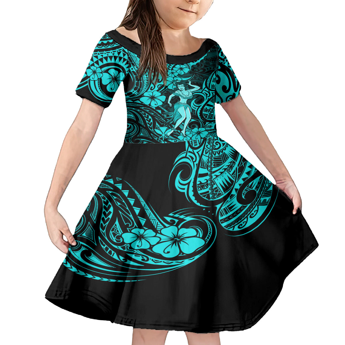 Hawaii Hula Girl Kid Short Sleeve Dress Hibiscus Hawaii Tribal Tattoo Turquoise Version LT01 KID Turquoise - Polynesian Pride
