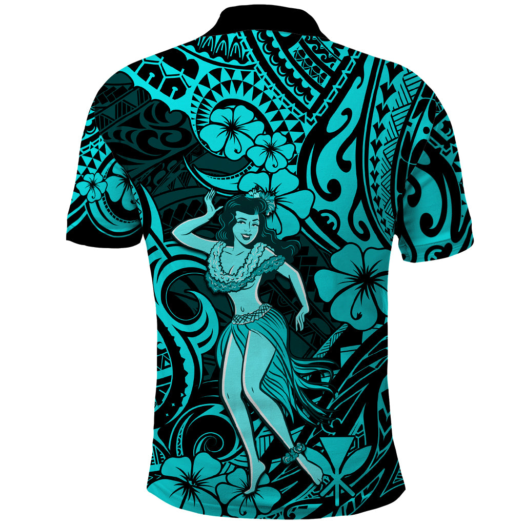 Hawaii Hula Girl Polo Shirt Hibiscus Hawaii Tribal Tattoo Turquoise Version LT01 - Polynesian Pride