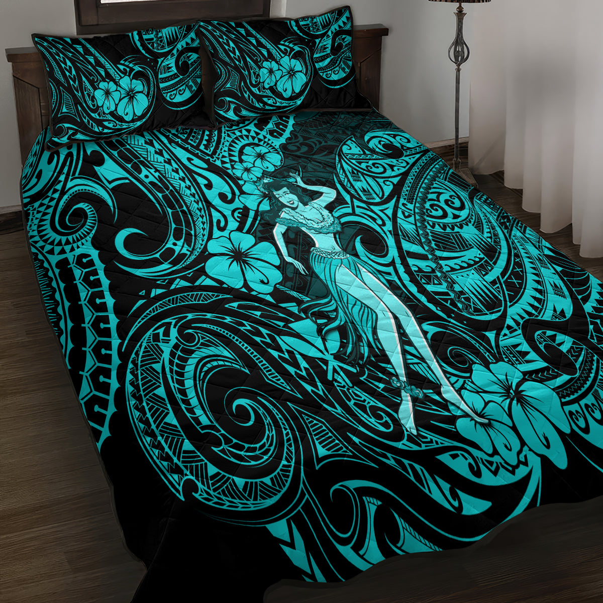 Hawaii Hula Girl Quilt Bed Set Hibiscus Hawaii Tribal Tattoo Turquoise Version LT01 - Polynesian Pride