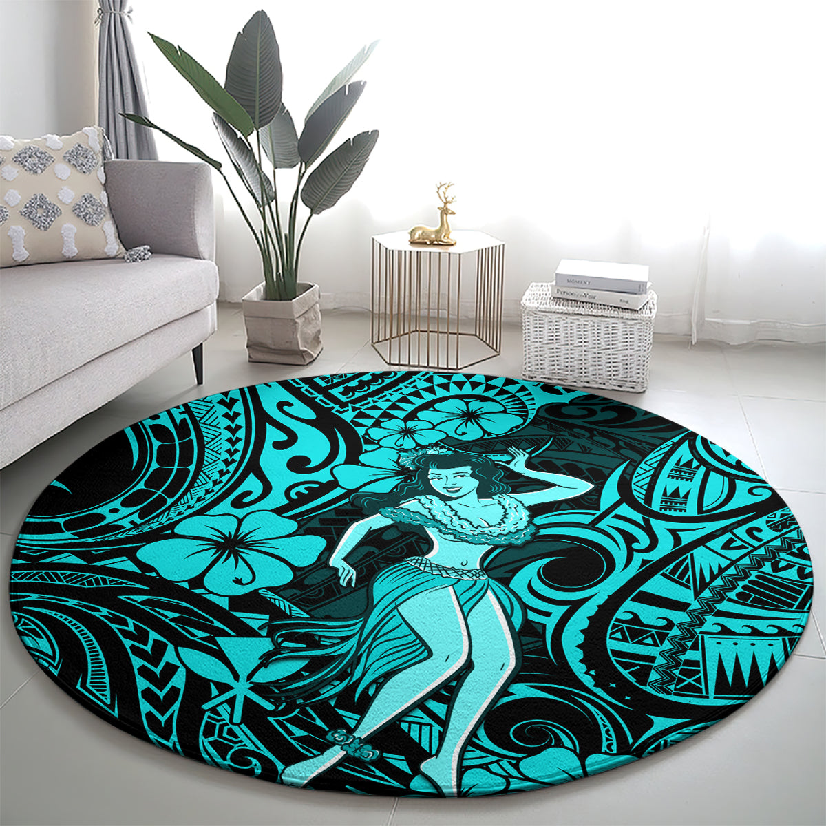 Hawaii Hula Girl Round Carpet Hibiscus Hawaii Tribal Tattoo Turquoise Version LT01 - Polynesian Pride