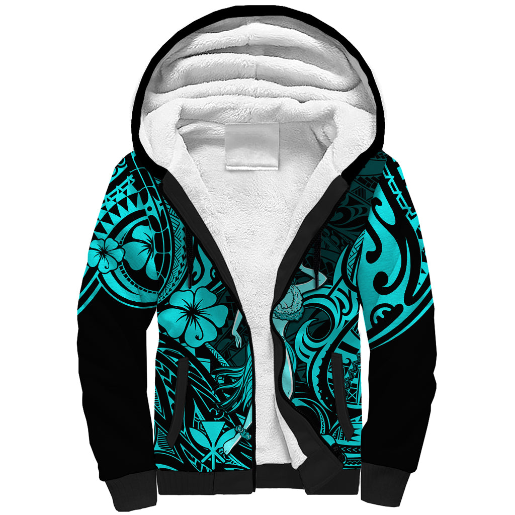 Hawaii Hula Girl Sherpa Hoodie Hibiscus Hawaii Tribal Tattoo Turquoise Version LT01 Unisex Turquoise - Polynesian Pride
