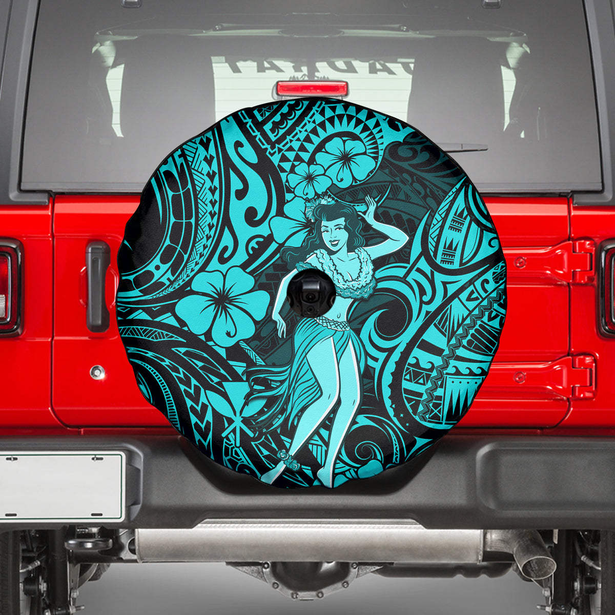 Hawaii Hula Girl Spare Tire Cover Hibiscus Hawaii Tribal Tattoo Turquoise Version LT01 - Polynesian Pride