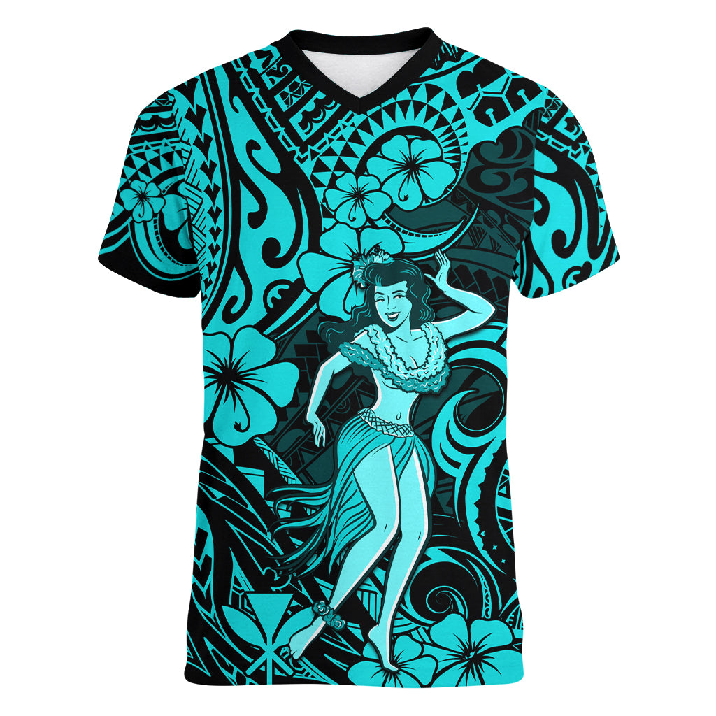 Hawaii Hula Girl Women V Neck T Shirt Hibiscus Hawaii Tribal Tattoo Turquoise Version LT01 Female Turquoise - Polynesian Pride