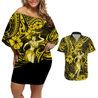 Hawaii Hula Girl Couples Matching Off Shoulder Short Dress and Hawaiian Shirt Hibiscus Hawaii Tribal Tattoo Yellow Version LT01 Yellow - Polynesian Pride