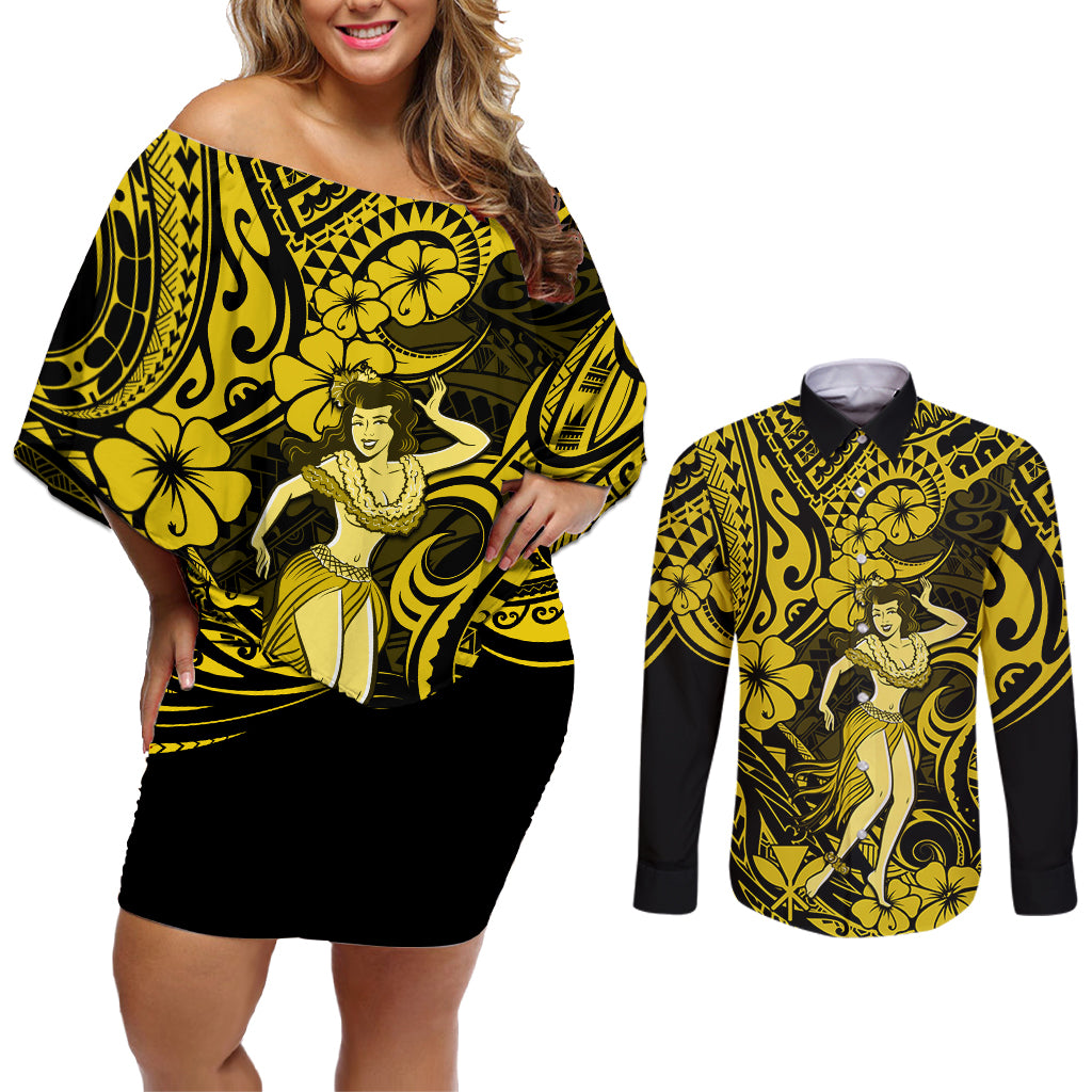 Hawaii Hula Girl Couples Matching Off Shoulder Short Dress and Long Sleeve Button Shirts Hibiscus Hawaii Tribal Tattoo Yellow Version LT01 Yellow - Polynesian Pride