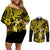 Hawaii Hula Girl Couples Matching Off Shoulder Short Dress and Long Sleeve Button Shirts Hibiscus Hawaii Tribal Tattoo Yellow Version LT01 Yellow - Polynesian Pride
