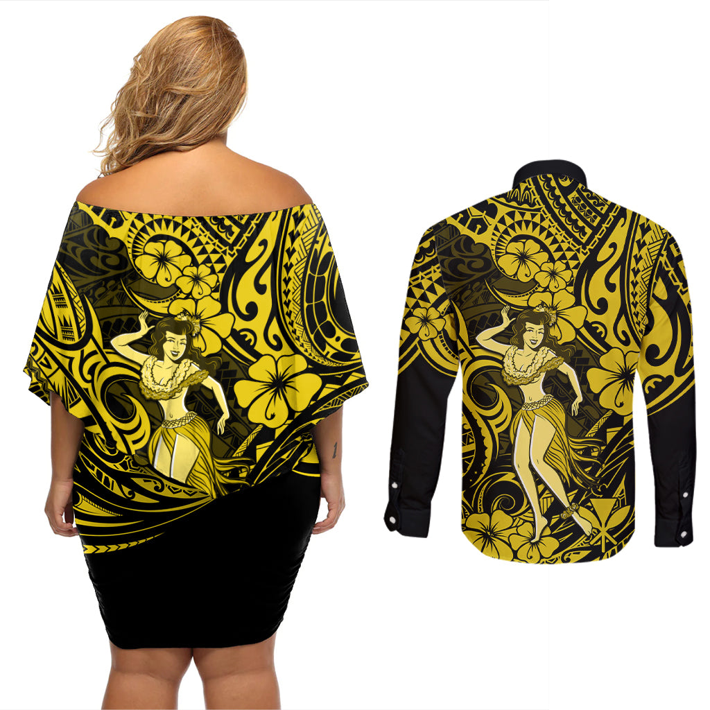 Hawaii Hula Girl Couples Matching Off Shoulder Short Dress and Long Sleeve Button Shirts Hibiscus Hawaii Tribal Tattoo Yellow Version LT01 - Polynesian Pride