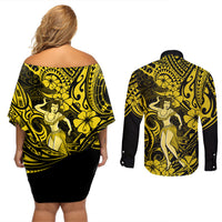 Hawaii Hula Girl Couples Matching Off Shoulder Short Dress and Long Sleeve Button Shirts Hibiscus Hawaii Tribal Tattoo Yellow Version LT01 - Polynesian Pride