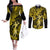 Hawaii Hula Girl Couples Matching Off The Shoulder Long Sleeve Dress and Long Sleeve Button Shirts Hibiscus Hawaii Tribal Tattoo Yellow Version LT01 Yellow - Polynesian Pride