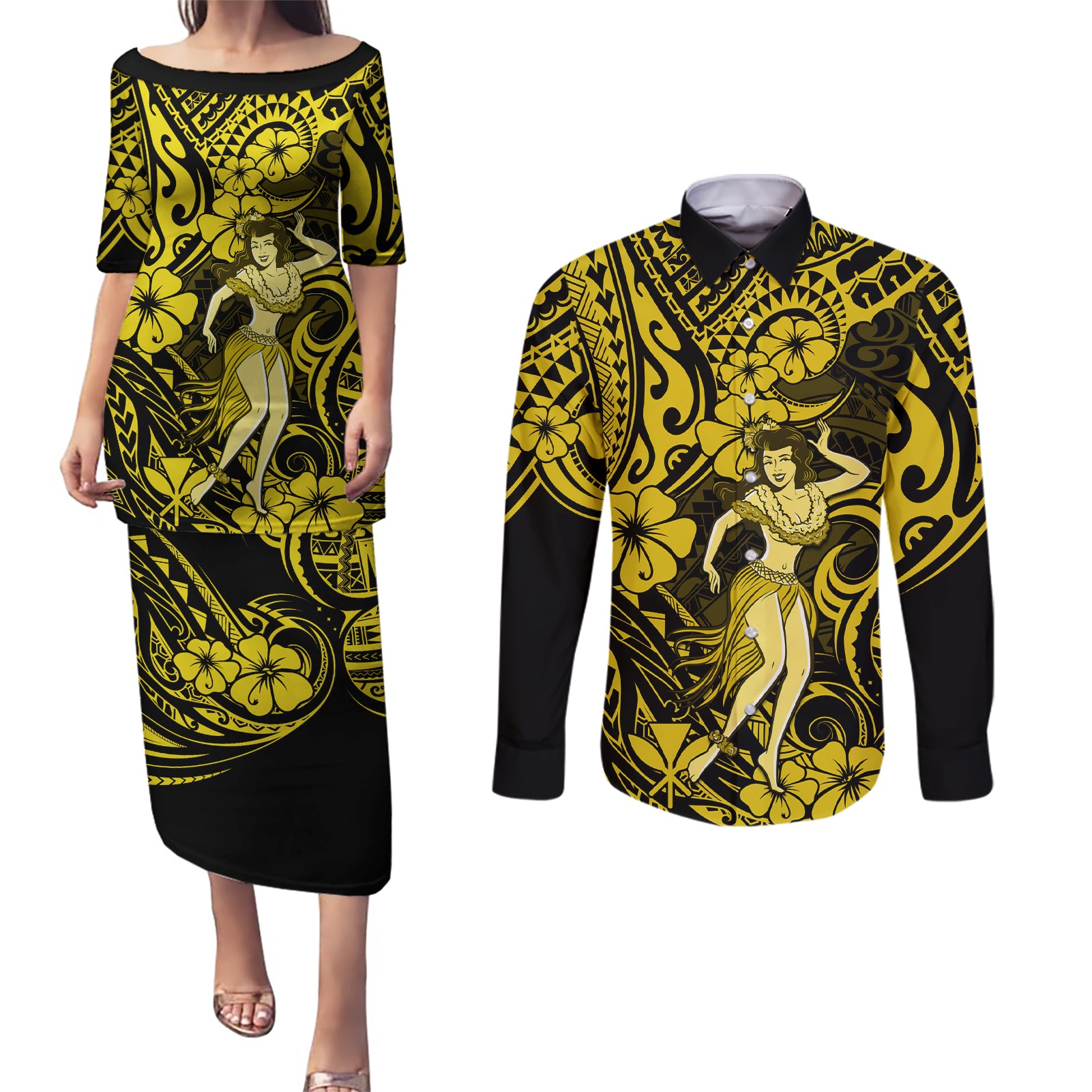 Hawaii Hula Girl Couples Matching Puletasi Dress and Long Sleeve Button Shirts Hibiscus Hawaii Tribal Tattoo Yellow Version LT01 Yellow - Polynesian Pride