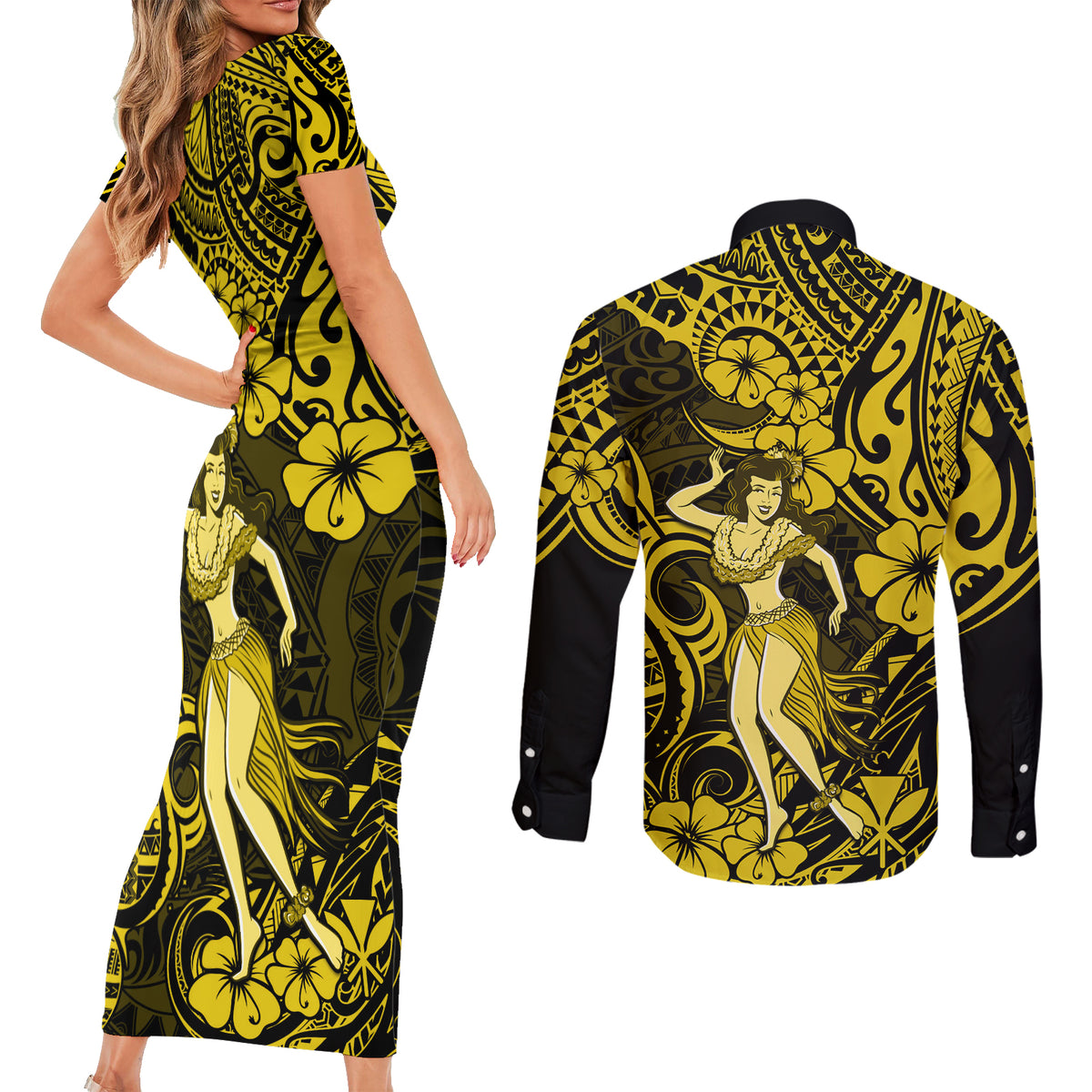 Hawaii Hula Girl Couples Matching Short Sleeve Bodycon Dress and Long Sleeve Button Shirts Hibiscus Hawaii Tribal Tattoo Yellow Version LT01 - Polynesian Pride