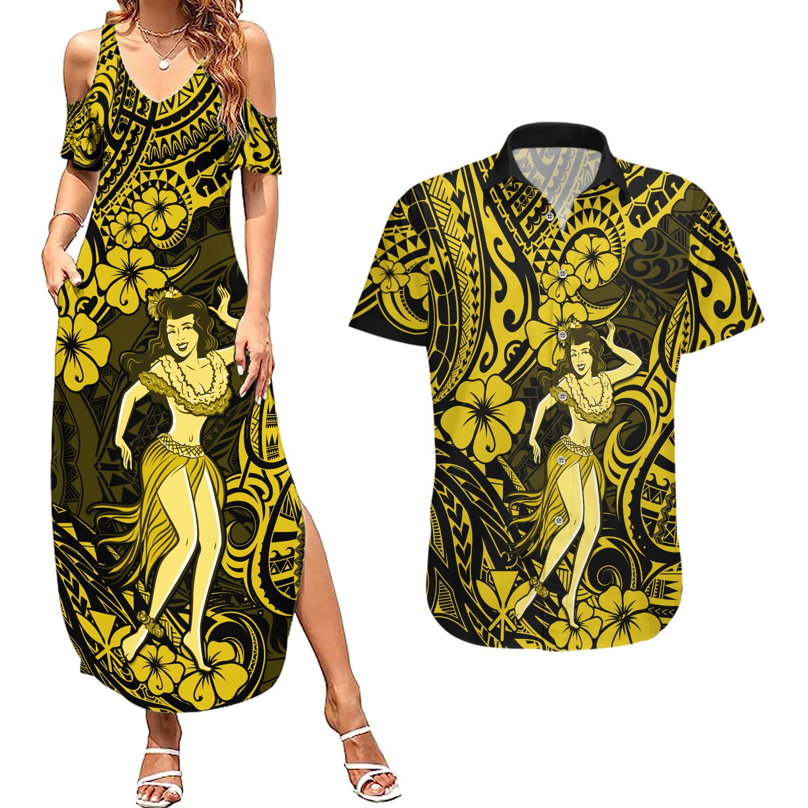 Hawaii Hula Girl Couples Matching Summer Maxi Dress and Hawaiian Shirt Hibiscus Hawaii Tribal Tattoo Yellow Version LT01 Yellow - Polynesian Pride