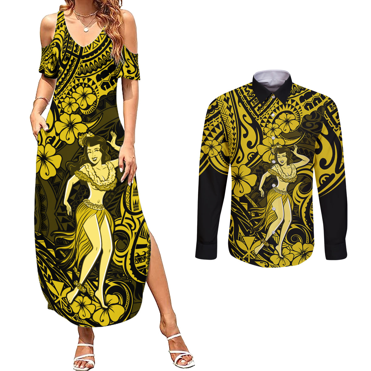 Hawaii Hula Girl Couples Matching Summer Maxi Dress and Long Sleeve Button Shirts Hibiscus Hawaii Tribal Tattoo Yellow Version LT01 Yellow - Polynesian Pride