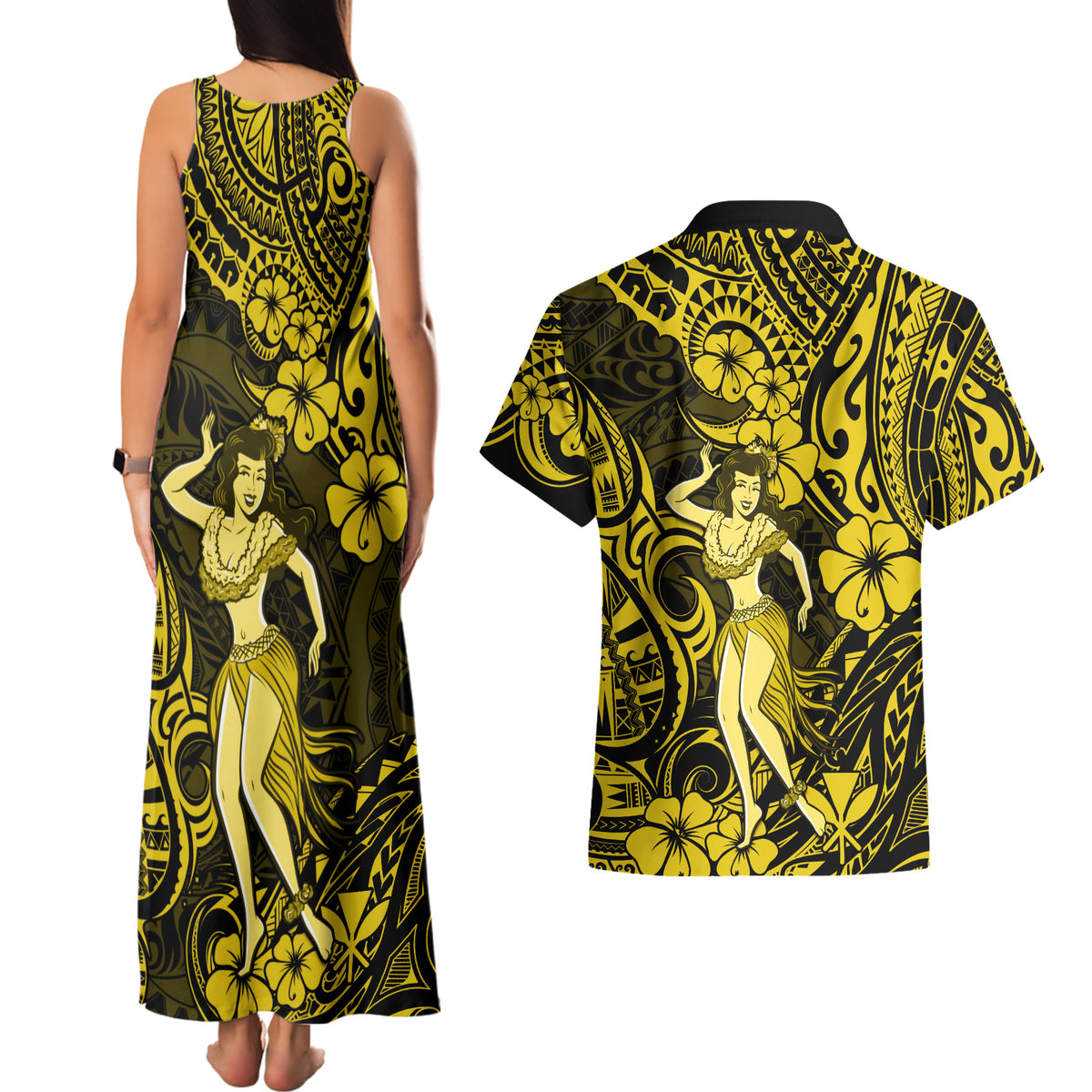 Hawaii Hula Girl Couples Matching Tank Maxi Dress and Hawaiian Shirt Hibiscus Hawaii Tribal Tattoo Yellow Version LT01 - Polynesian Pride