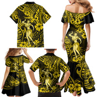 Hawaii Hula Girl Family Matching Mermaid Dress and Hawaiian Shirt Hibiscus Hawaii Tribal Tattoo Yellow Version LT01 - Polynesian Pride