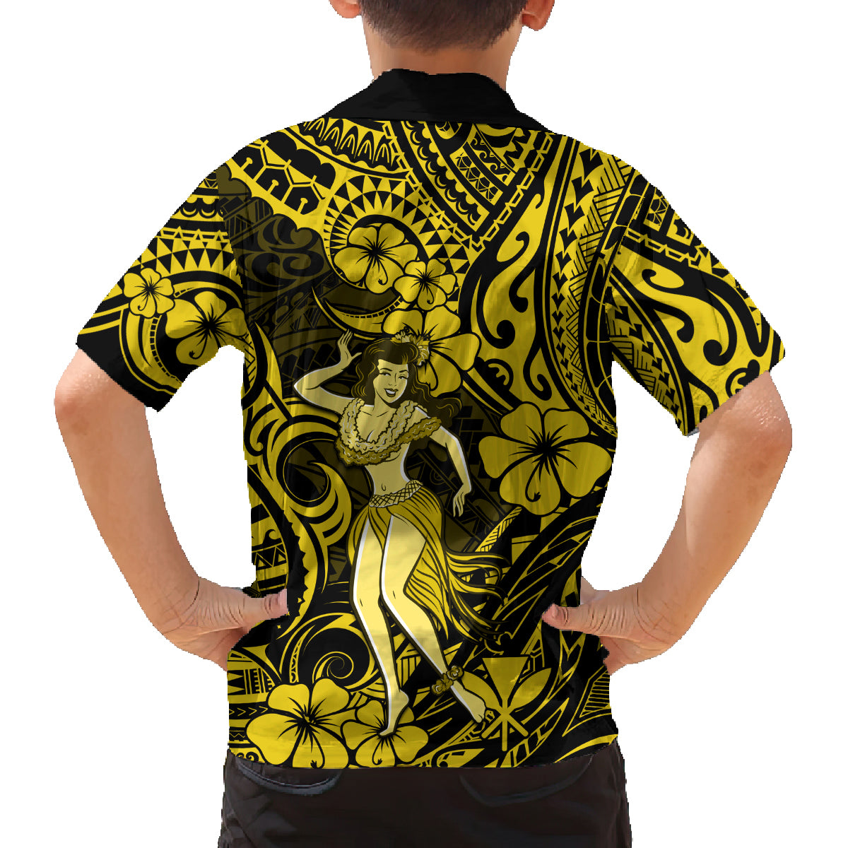 Hawaii Hula Girl Family Matching Off Shoulder Long Sleeve Dress and Hawaiian Shirt Hibiscus Hawaii Tribal Tattoo Yellow Version LT01 - Polynesian Pride