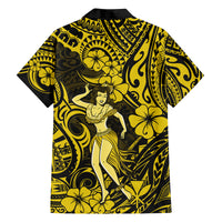 Hawaii Hula Girl Family Matching Off Shoulder Long Sleeve Dress and Hawaiian Shirt Hibiscus Hawaii Tribal Tattoo Yellow Version LT01 - Polynesian Pride