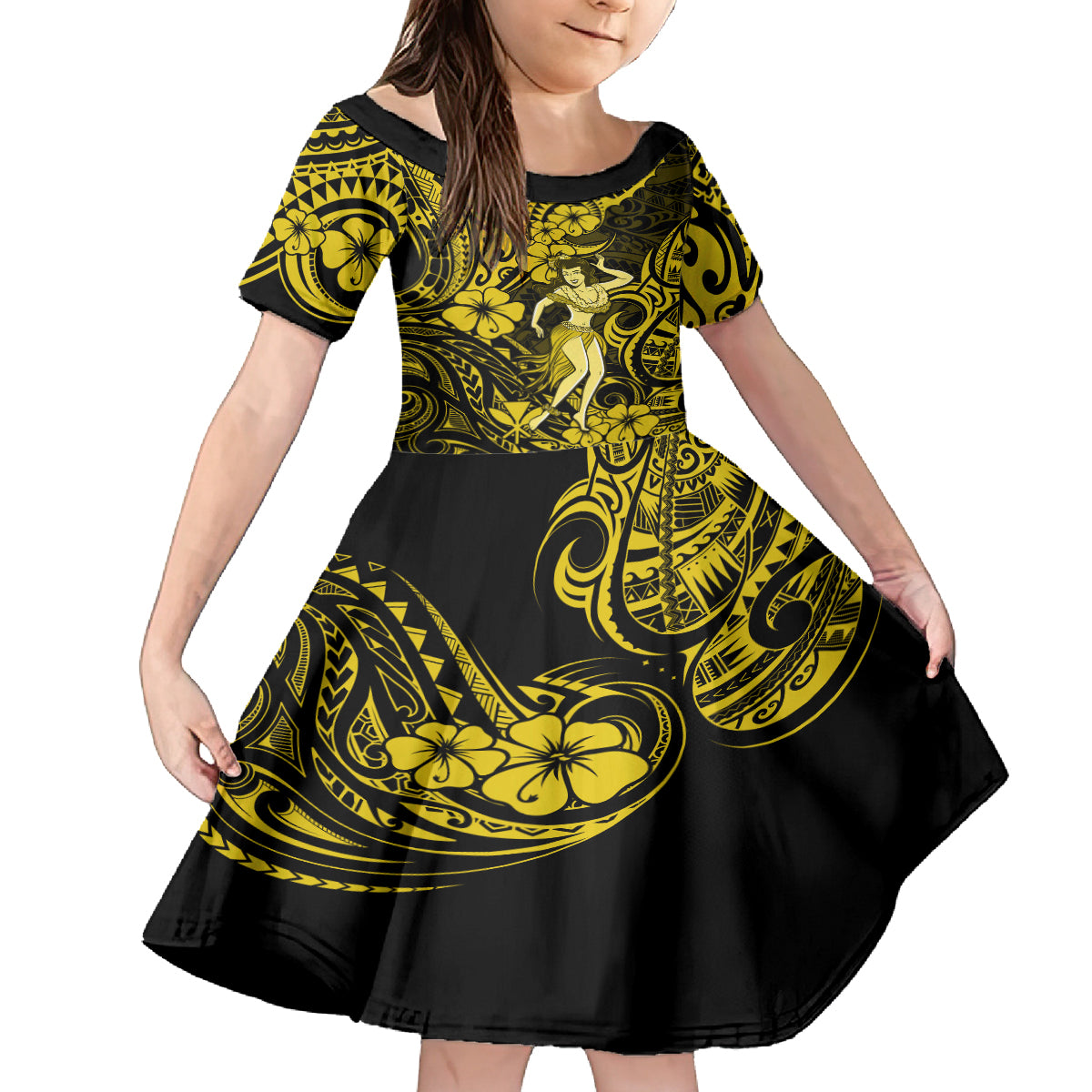 Hawaii Hula Girl Kid Short Sleeve Dress Hibiscus Hawaii Tribal Tattoo Yellow Version LT01 KID Yellow - Polynesian Pride