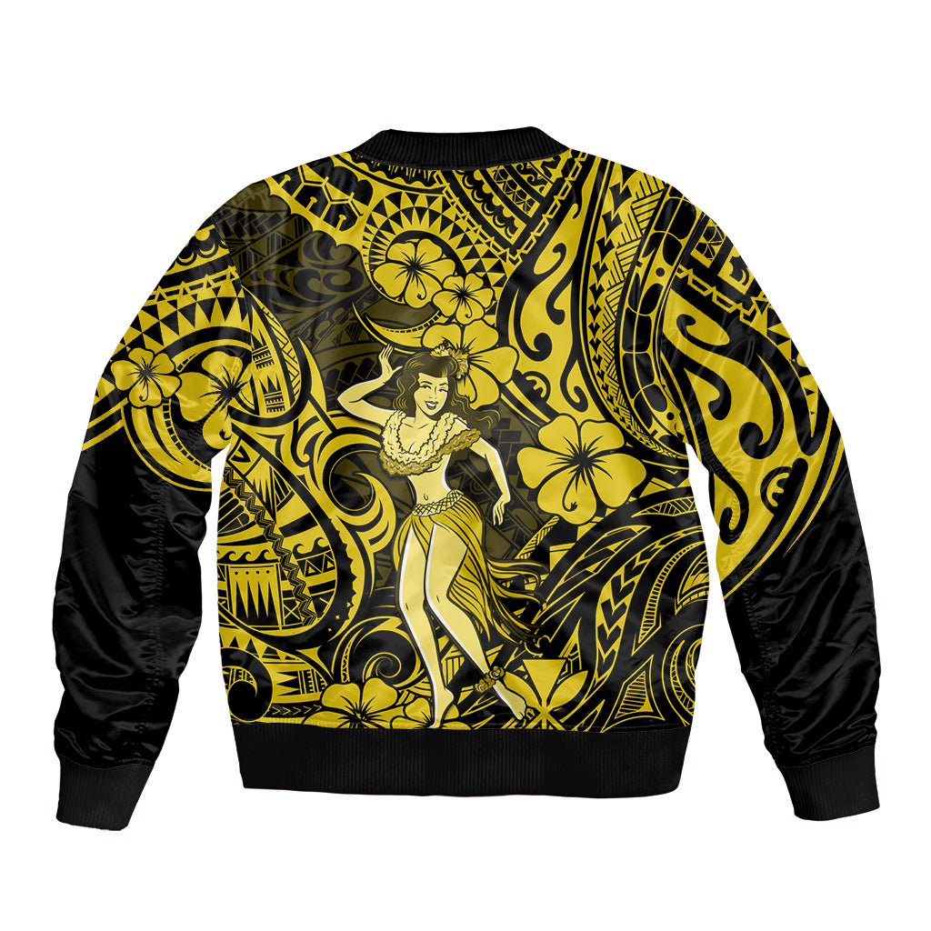 Hawaii Hula Girl Sleeve Zip Bomber Jacket Hibiscus Hawaii Tribal Tattoo Yellow Version LT01 - Polynesian Pride