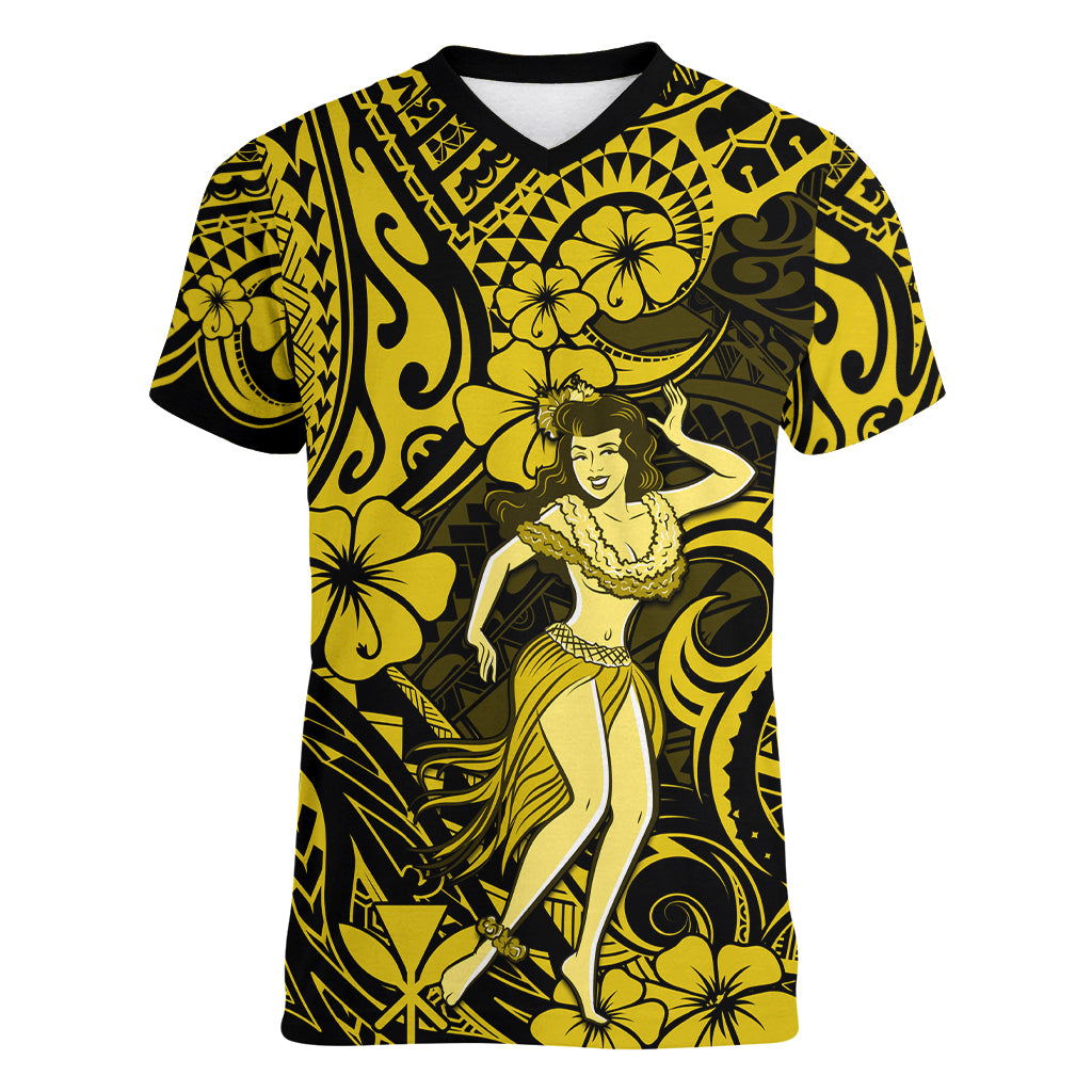 Hawaii Hula Girl Women V Neck T Shirt Hibiscus Hawaii Tribal Tattoo Yellow Version LT01 Female Yellow - Polynesian Pride