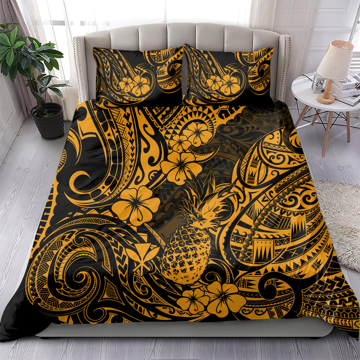 Hawaii Pineapple Bedding Set Paradise Flowers Pacific With Gold Polynesian Tribal LT01 - Polynesian Pride