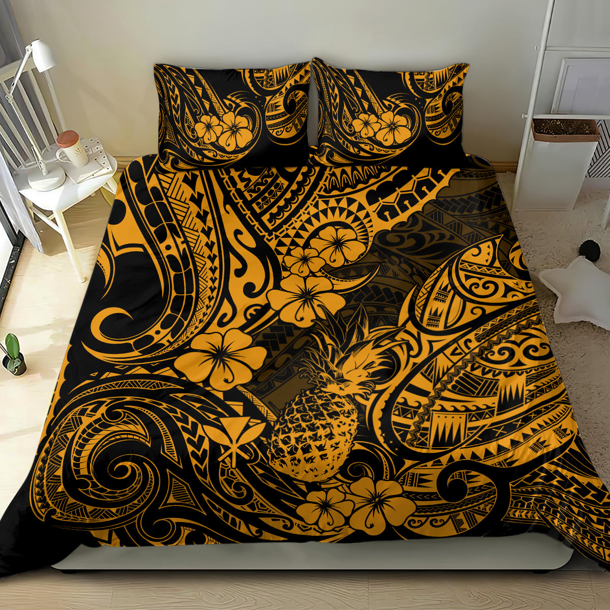 Hawaii Pineapple Bedding Set Paradise Flowers Pacific With Gold Polynesian Tribal LT01 - Polynesian Pride
