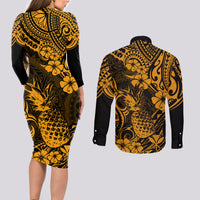 Hawaii Pineapple Couples Matching Long Sleeve Bodycon Dress and Long Sleeve Button Shirts Paradise Flowers Pacific With Gold Polynesian Tribal LT01 - Polynesian Pride