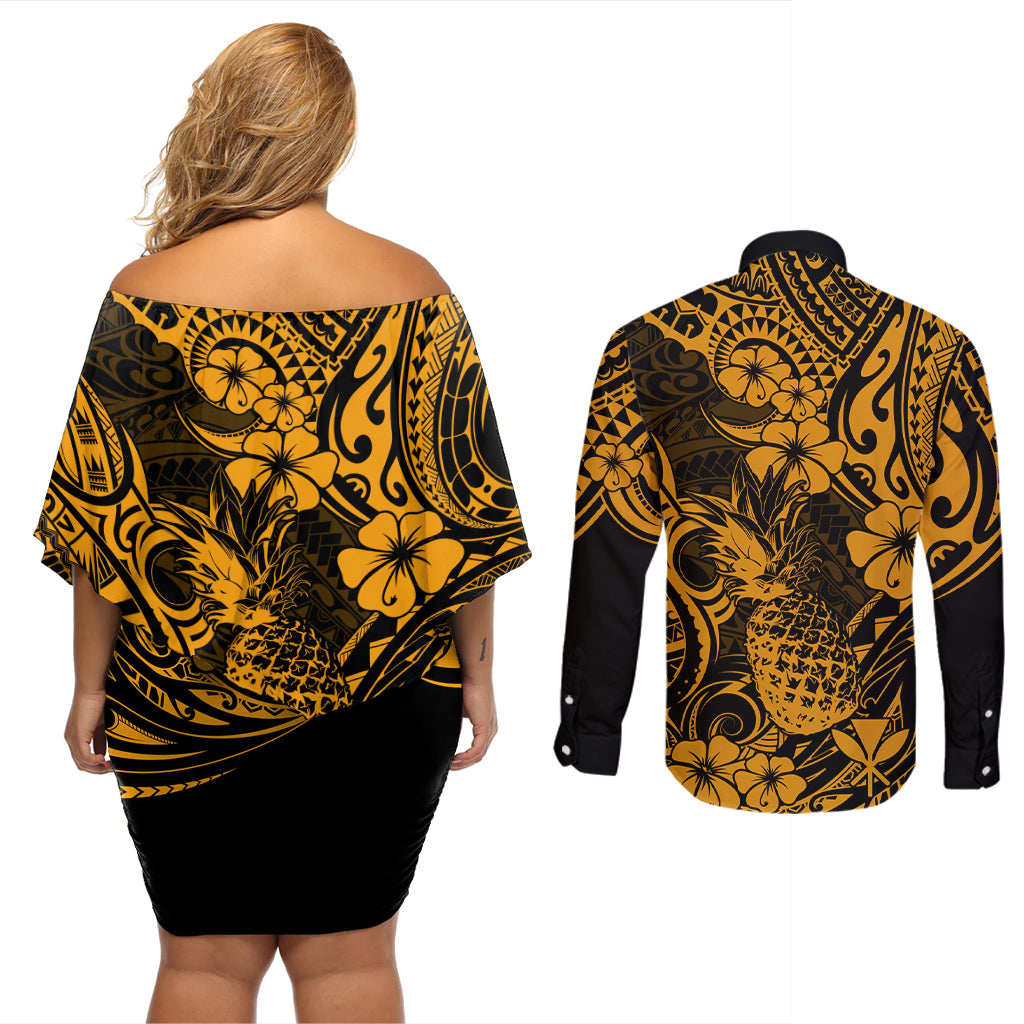 Hawaii Pineapple Couples Matching Off Shoulder Short Dress and Long Sleeve Button Shirts Paradise Flowers Pacific With Gold Polynesian Tribal LT01 - Polynesian Pride