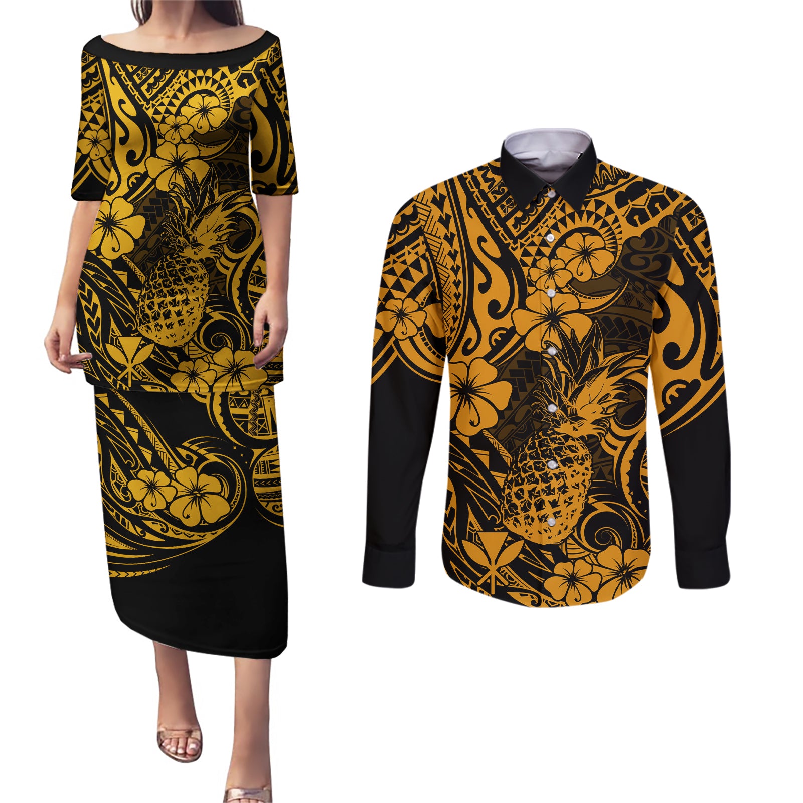 Hawaii Pineapple Couples Matching Puletasi Dress and Long Sleeve Button Shirts Paradise Flowers Pacific With Gold Polynesian Tribal LT01 Gold - Polynesian Pride