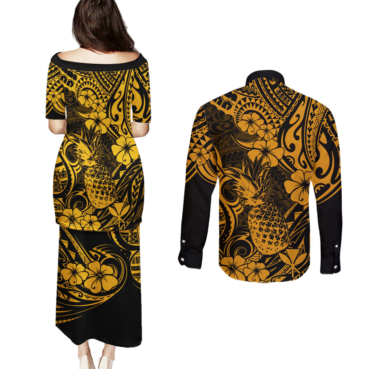 Hawaii Pineapple Couples Matching Puletasi Dress and Long Sleeve Button Shirts Paradise Flowers Pacific With Gold Polynesian Tribal LT01 - Polynesian Pride