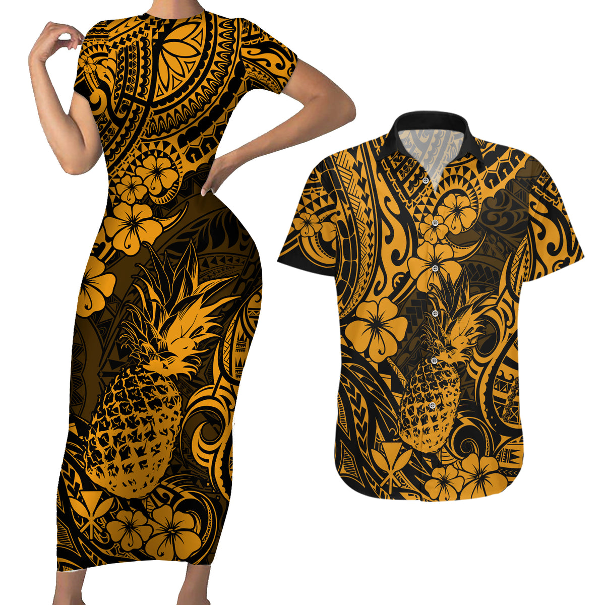 Hawaii Pineapple Couples Matching Short Sleeve Bodycon Dress and Hawaiian Shirt Paradise Flowers Pacific With Gold Polynesian Tribal LT01 Gold - Polynesian Pride