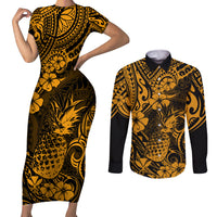 Hawaii Pineapple Couples Matching Short Sleeve Bodycon Dress and Long Sleeve Button Shirts Paradise Flowers Pacific With Gold Polynesian Tribal LT01 Gold - Polynesian Pride