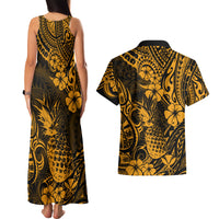 Hawaii Pineapple Couples Matching Tank Maxi Dress and Hawaiian Shirt Paradise Flowers Pacific With Gold Polynesian Tribal LT01 - Polynesian Pride