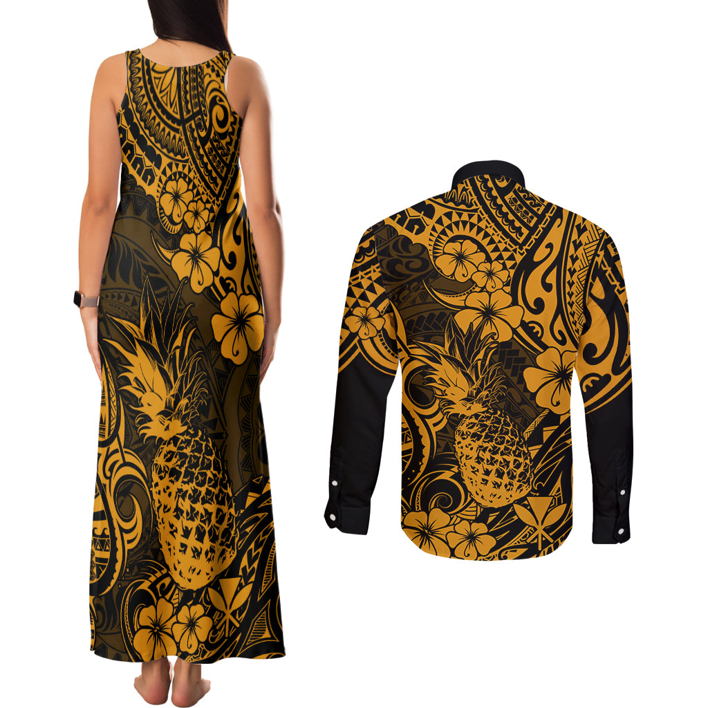Hawaii Pineapple Couples Matching Tank Maxi Dress and Long Sleeve Button Shirts Paradise Flowers Pacific With Gold Polynesian Tribal LT01 - Polynesian Pride